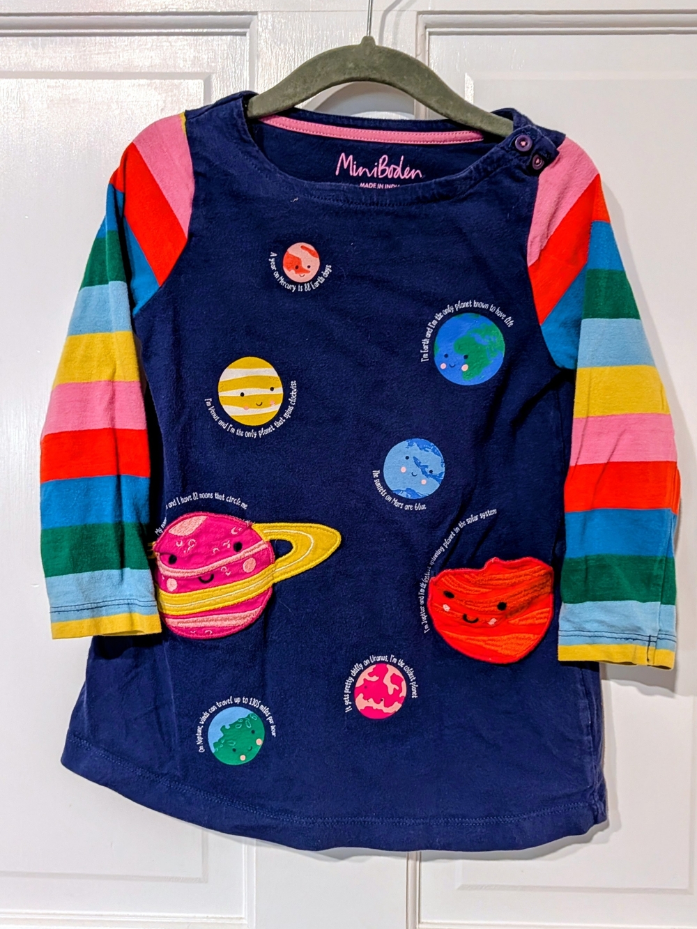 Mini Boden Navy Space & Planet Tunic with Multicolor Stripe Sleeves